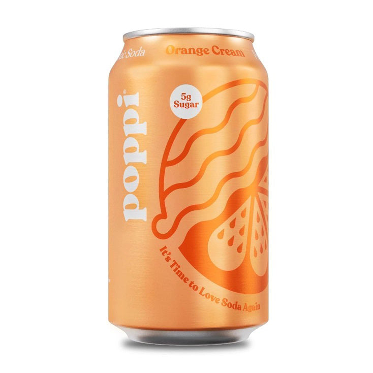 A can of POPPI - ORANGE CREAM by POPPI features abstract orange slices, the flavor name, "5g Sugar," and "It's Time to Love Soda Again" on the label—now with prebiotics for digestive health.