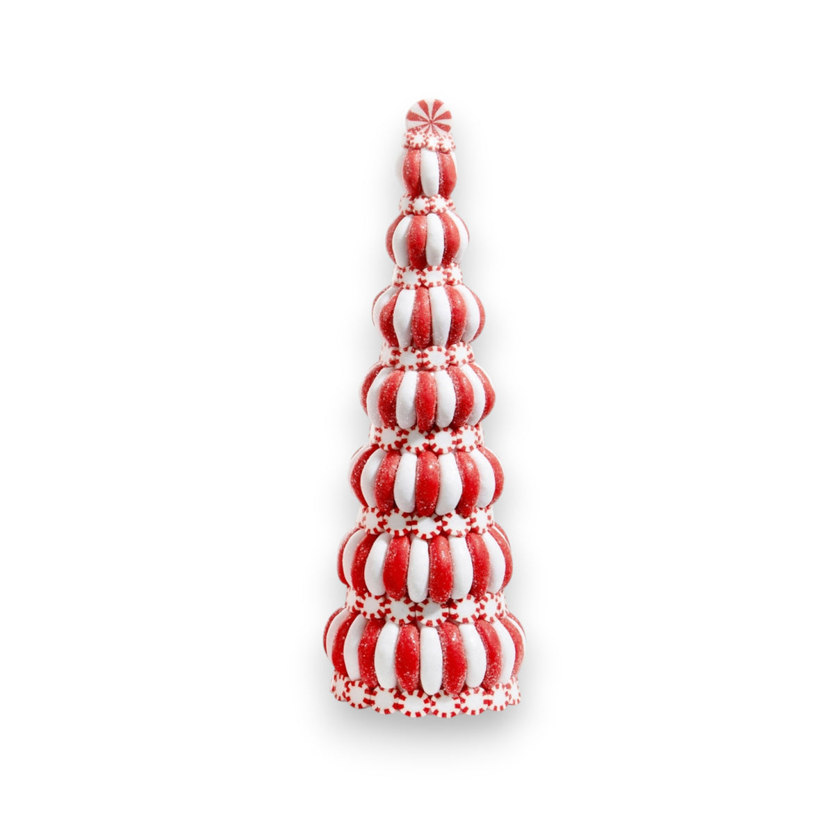 The PEPPERMINT TREE - LARGE by RAZ IMPORTS features stacked red and white striped spheres topped with a star, making it a festive centerpiece or vase display for your holiday decor.
