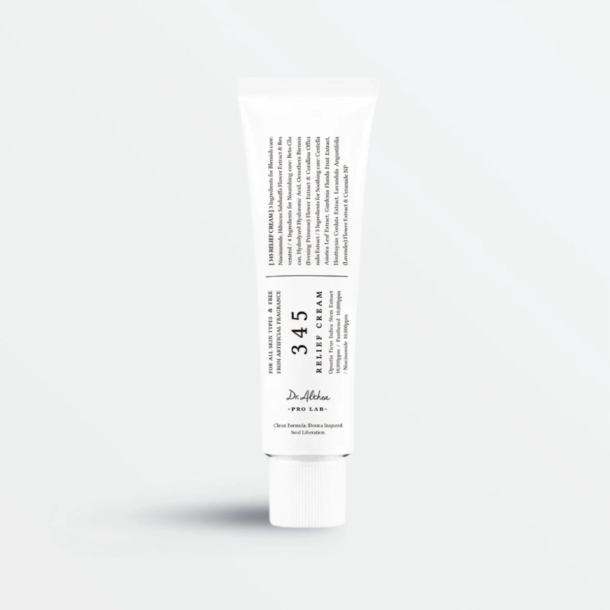 A white tube of &quot;DR ALTHEA - 345 RELIEF CREAM&quot; from GLOWISS stands upright against a light gray background. The tube, labeled &quot;345,&quot; features black text detailing the product and brand, promising acne relief with niacinamide skincare benefits.