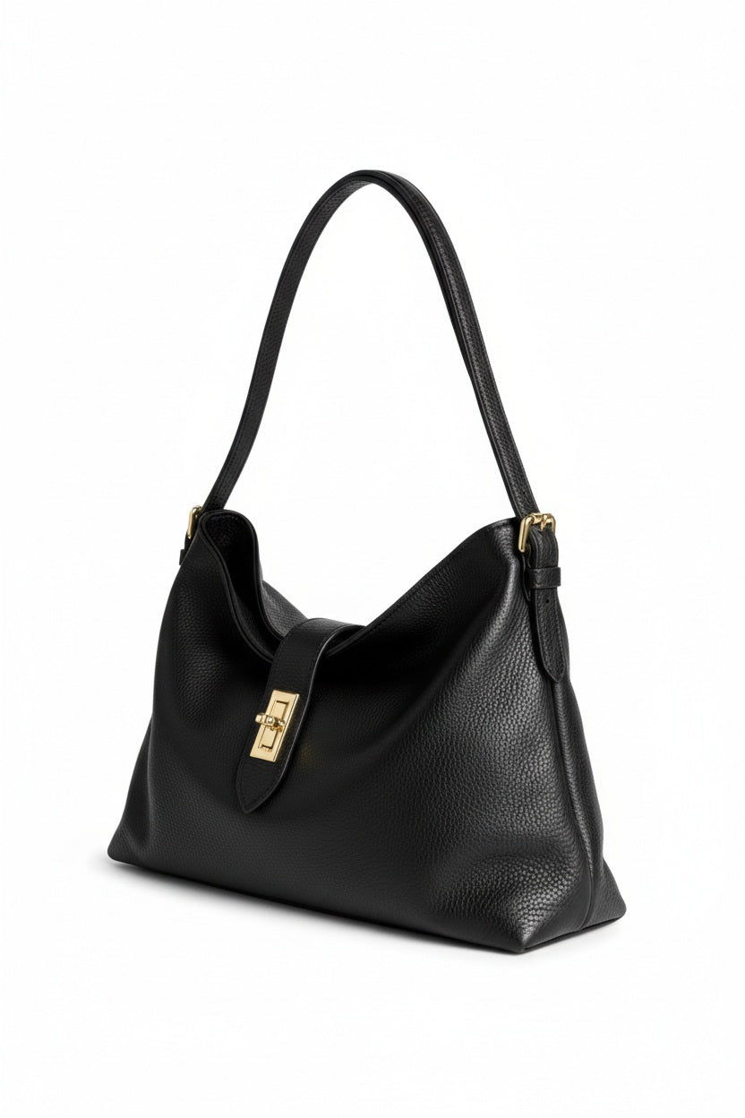 LE BORSETTE LEATHER HANDBAG IN BLACK, a black pebbled leather shoulder bag with a gold-tone hardware turn-lock closure.
