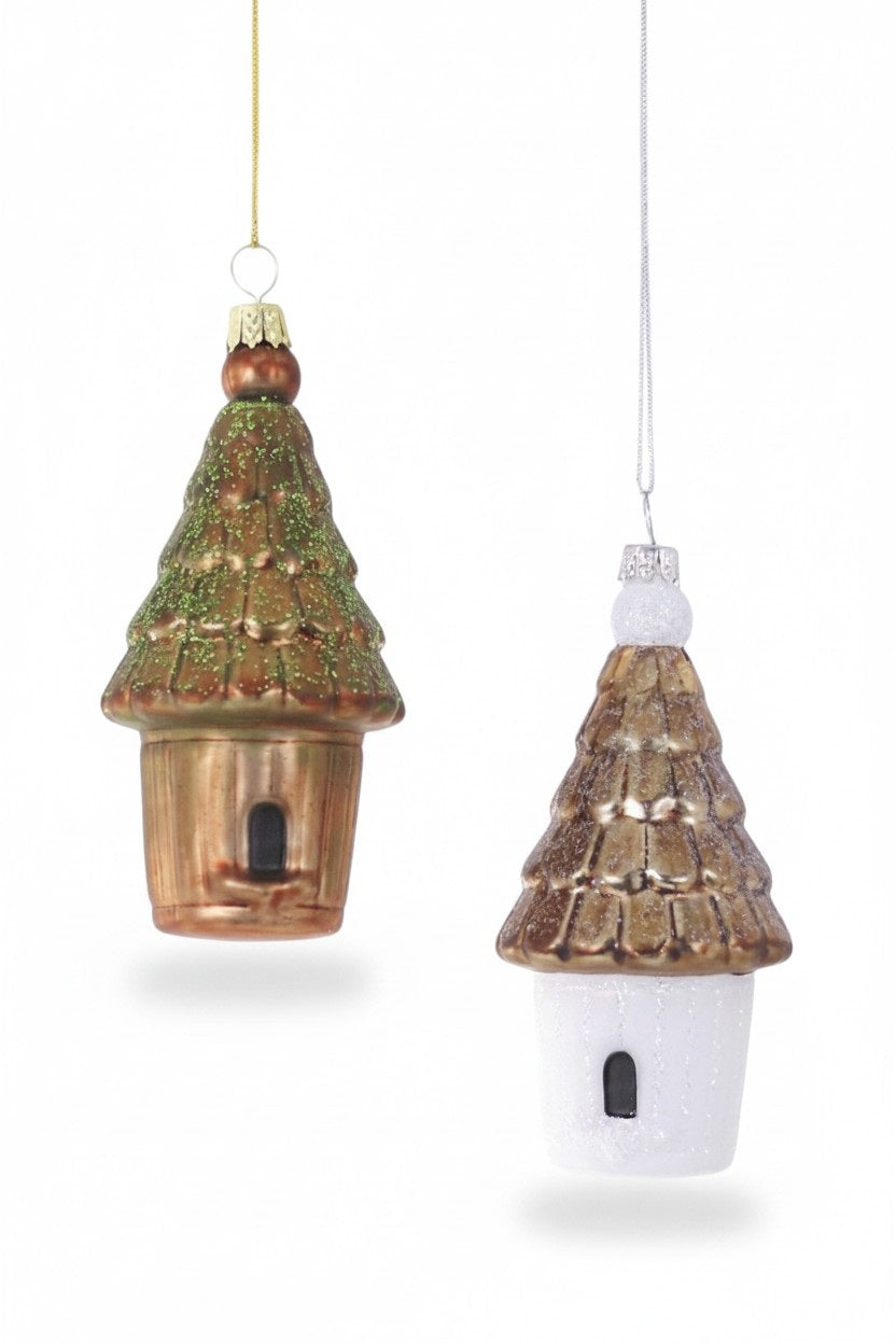 Two COTTAGE GARDEN BIRDHOUSE ORNAMENT glass birdhouse-shaped home decor ornaments hanging together, one with a green roof and one with a brown roof.