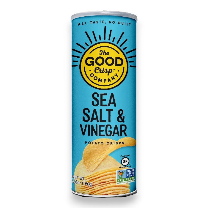A cylindrical canister of "THE GOOD CRISP COMPANY - SEA SALT VINEGAR CHIPS" in a blue container showcases the brand logo and text details in black and yellow, emphasizing its gluten-free and non-GMO certifications on the front. Savor a bold tang and savory crunch with every bite.