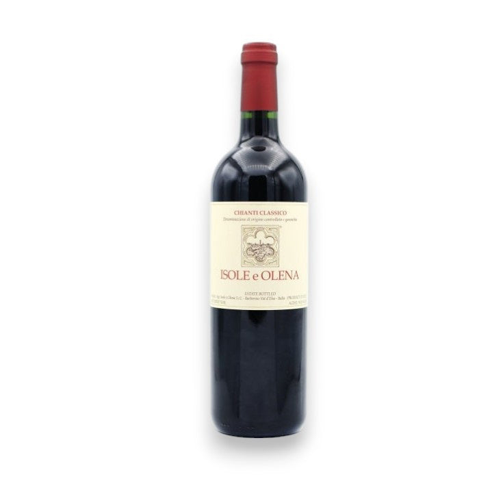 A 375ml bottle of ISOLE E OLENA CHIANTI 2022 by WINE: ADVINTAGE, featuring a cream label and red foil capsule, stands upright against a plain white background, highlighting the elegance of Tuscan wine.