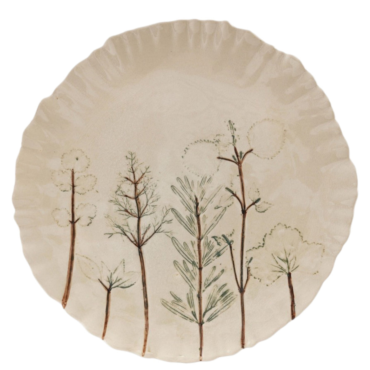 The HAND-PAINTED ORGANIC SHAPED STONEWARE PLATE WITH BOTANICALS by CREATIVE COOP is a cream-colored plate with scalloped edge and minimalist green and brown tree artwork.