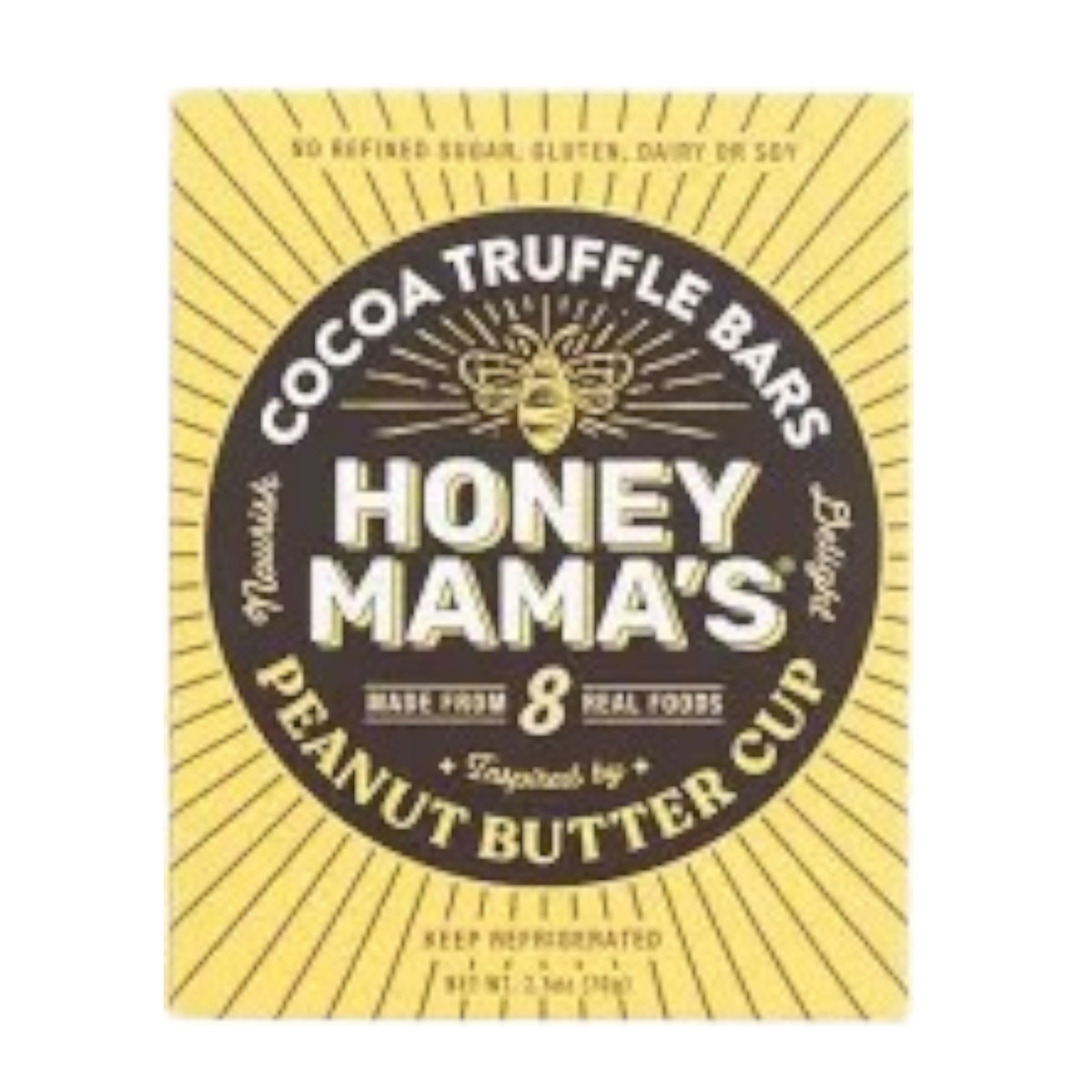 Yellow box of HONEY MAMA&#39;S- PEANUT BUTTER CUP cocoa truffle bars, made with chocolate and raw honey. Features “8 real foods,” “no refined sugar, gluten, dairy or soy,” and an illustrated bee above the product name.