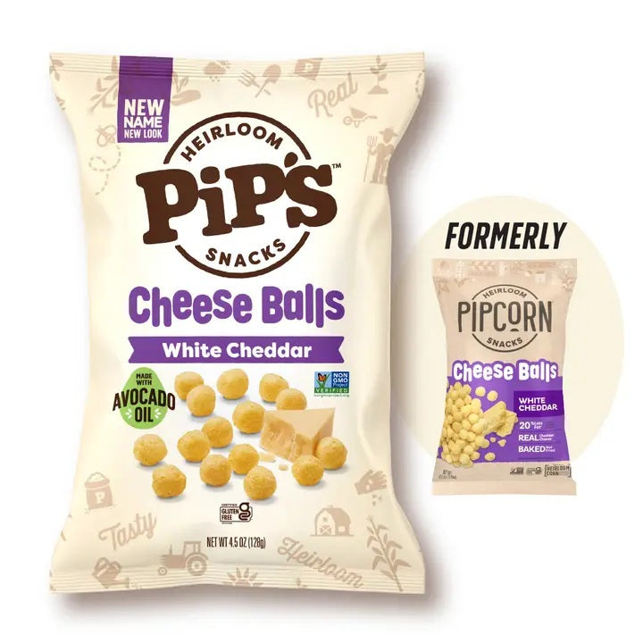 A bag of PIP’S HEIRLOOM - WHITE CHEDDAR CHEESE BALLS next to a smaller, older version of the packaging.