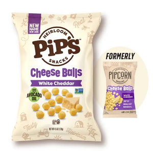 A bag of PIP’S HEIRLOOM - WHITE CHEDDAR CHEESE BALLS next to a smaller, older version of the packaging.