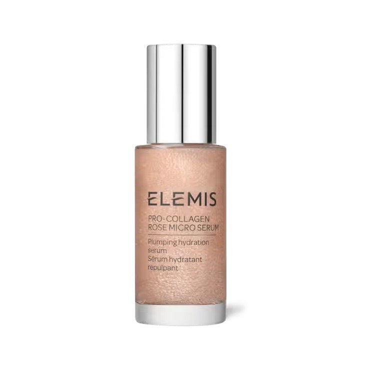 A bottle of ELEMIS - PRO-COLLAGEN ROSE MICRO SERUM by ELEMIS - STEINER, featuring a dual-phase formula, is displayed on a textured pink background. Text reads "Powerful Results" with benefits listed as: Instant hydration, in 7 days supports/strengthens the skin barrier, 14 days reduces fine lines, and 28 days reduces redness.