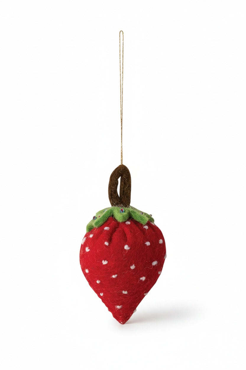 HANDMADE WOOL FELT STRAWBERRY ORNAMENT with a green top, brown stem, white polka dots, and a gold hanging string.