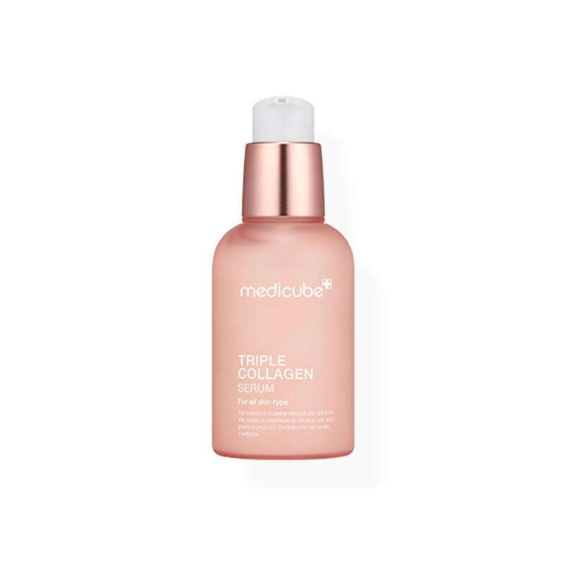 A pink MEDICUBE Triple Collagen Serum bottle on a peach background promises a glass glow. It highlights Hydrolyzed Collagen for moisture, Atelo Collagen for reducing wrinkles, and Soluble Collagen for enhanced skin elasticity and firmness. Brand: Asian Beauty Wholesale.