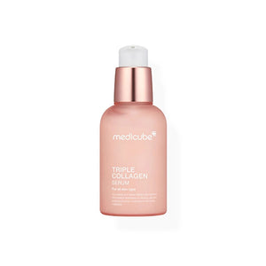 A pink MEDICUBE Triple Collagen Serum bottle on a peach background promises a glass glow. It highlights Hydrolyzed Collagen for moisture, Atelo Collagen for reducing wrinkles, and Soluble Collagen for enhanced skin elasticity and firmness. Brand: Asian Beauty Wholesale.