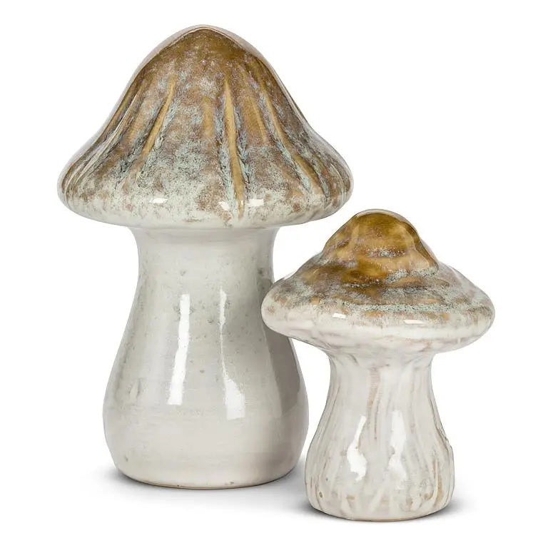 SMALL CERAMIC MUSHROOM figurine featuring a golden-brown cap and a white-streaked stem, perfect for woodland-inspired décor.