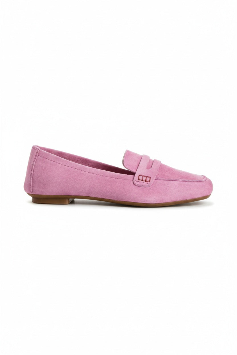 Top view of the REQINS - HEMA SUEDE LOAFER IN PINK by REQINS, featuring a square toe, decorative strap, and leather insole, displayed on a light background.