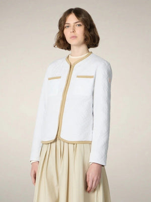 The SAVE THE DUCK JALINA PUFFER JACKET features diamond quilting, long sleeves, two chest pockets, and tan trim on the collar, zipper, cuffs, and hem. Displayed on a plain light background.