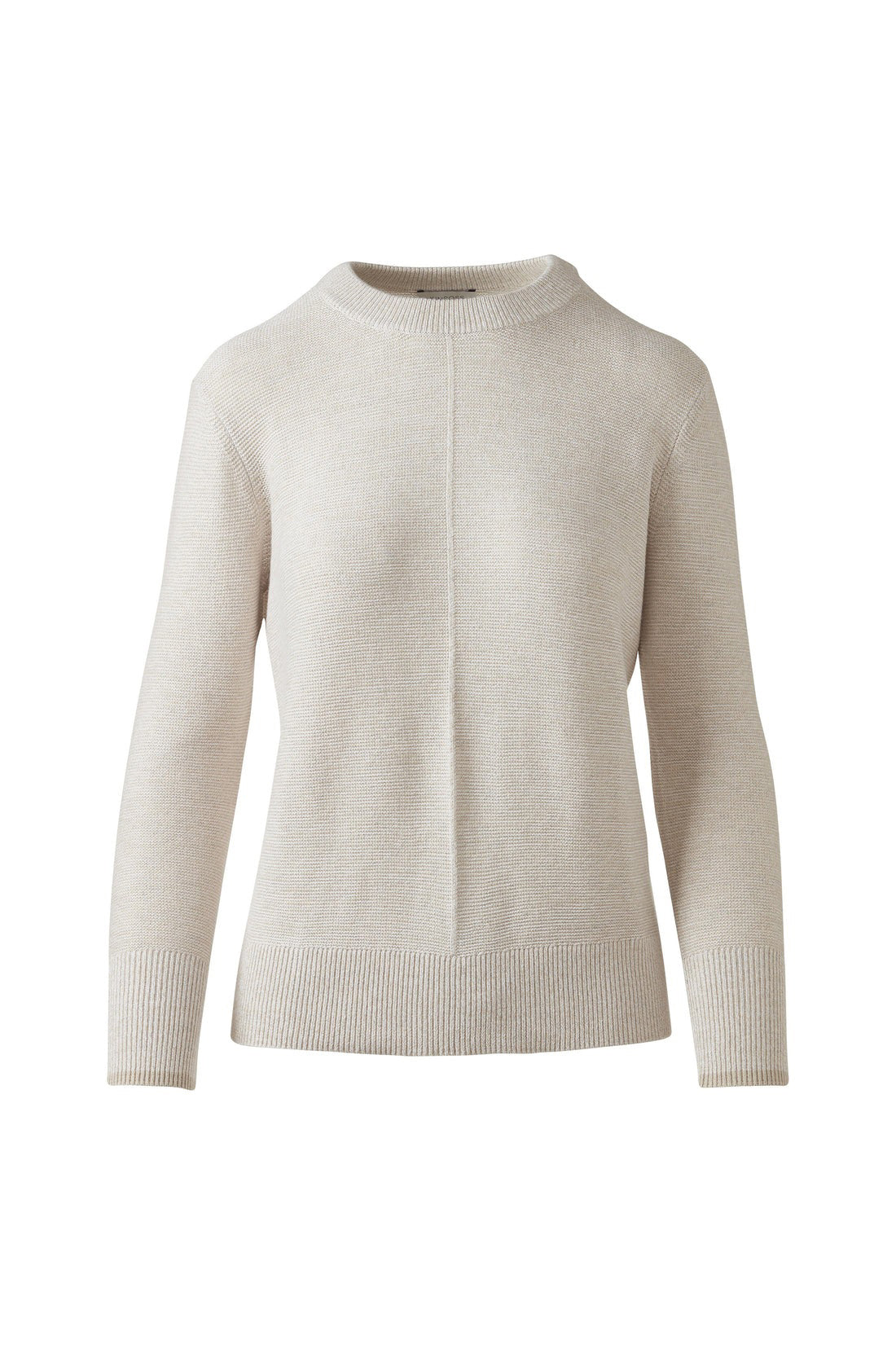 The KINROSS MARLED MICRO GARTER CREW NECK COTTON SWEATER in Dune, crafted from 100% cotton with ribbed cuffs and hem, offers a luxurious base layer. Shown here on a white background.