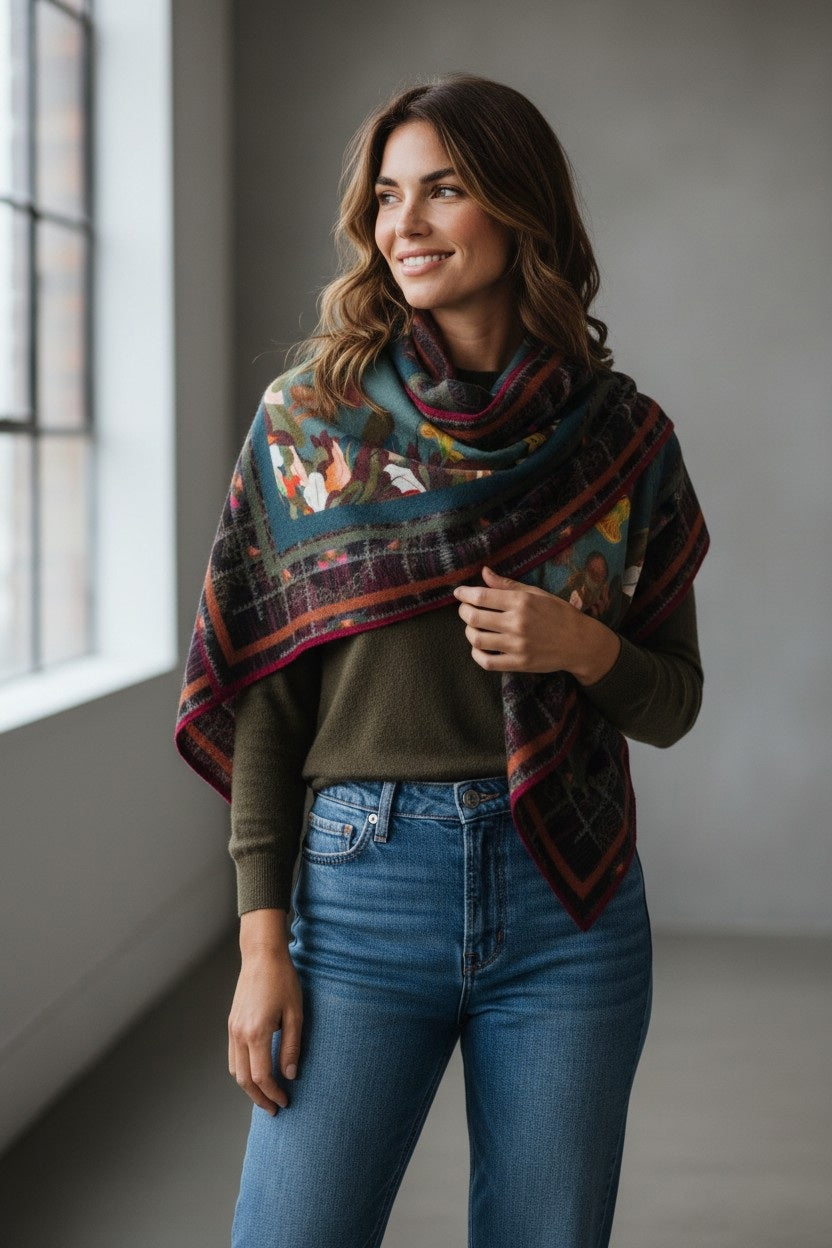 Indoors by a window, a woman wears a dark green sweater and blue jeans, elegantly draping the FRANCO FERRARI - WOOL SCARF 135X135 over her shoulders. The luxurious scarf by FRANCO FERRARI showcases vibrant colors and patterns that perfectly complement her outfit as she smiles and gazes to the side.