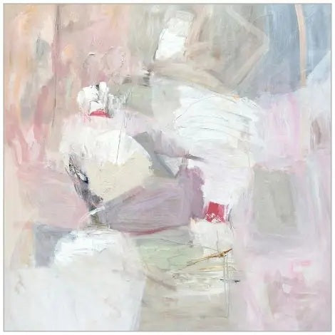 POOCHES 2 ARTWORK by WENDOVER features soft pastel tones—white, pink, beige, and touches of red—on a gallery wrapped canvas. Loose, layered brushstrokes form a textured, dreamy abstract with no defined shapes or figures.