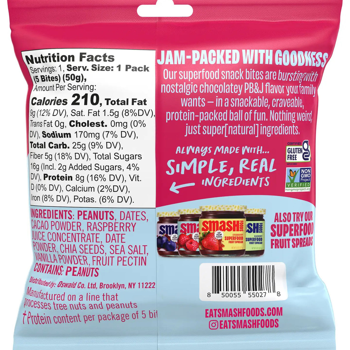 A bag of CHIA SMASH's Chocolate Peanut Butter and Raspberry Snack Bites is shown as protein-packed balls. The pink and red packaging prominently features "gluten-free" and "vegan" labels, with images of three superfood bites and raspberries on the front.