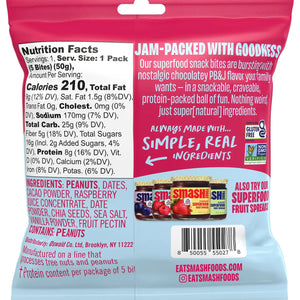 A bag of CHIA SMASH's Chocolate Peanut Butter and Raspberry Snack Bites is shown as protein-packed balls. The pink and red packaging prominently features "gluten-free" and "vegan" labels, with images of three superfood bites and raspberries on the front.