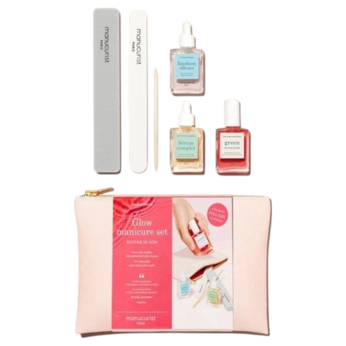 The MANUCURIST - GLOW MANICURE SET by MANUCURIST INC features a pastel pink zippered pouch, two nail files, and three bottles of vegan nail polish, all elegantly displayed on a light beige background.