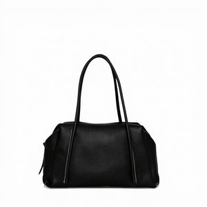 OLIVEVE Solara Satchel in black Italian buffalo cowhide with long handles, a side zipper, and a top zipper closure.