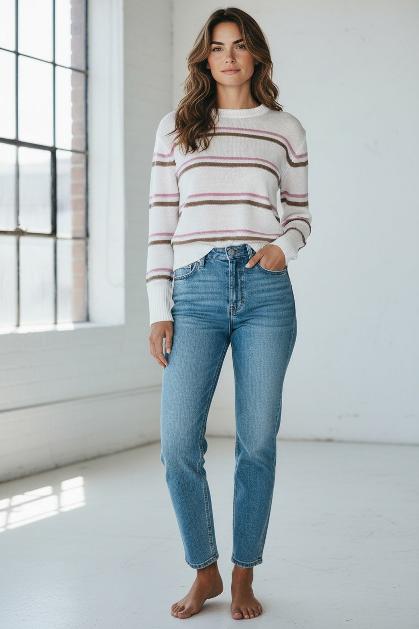 The KINROSS CASHMERE Textured Stripe Crew Neck Linen Sweater features a brown knit, blue, white, and gray textured stripes, long sleeves, and ribbed cuffs, hem, and neckline.