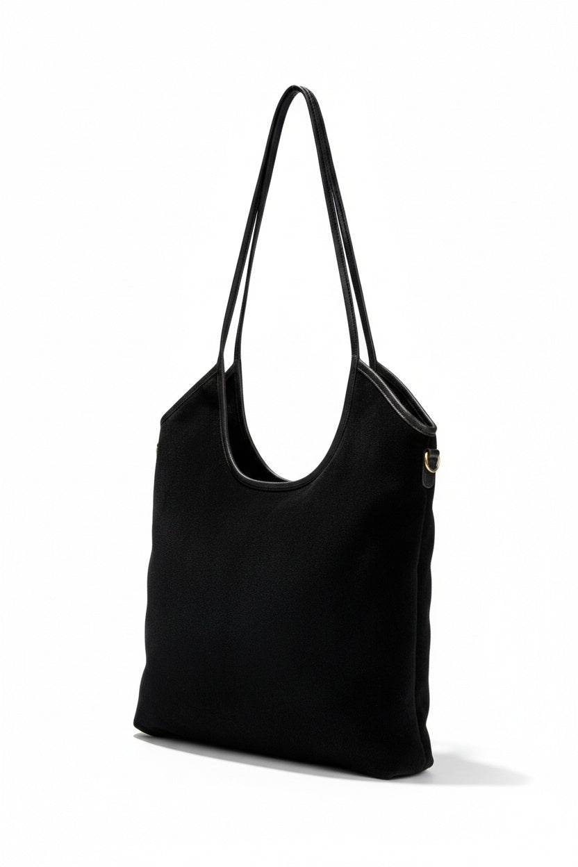 LE BORSETTE SUEDE LEATHER TOTE BAG IN BLACK, an Italian suede tote with two shoulder straps and a gold-tone side detail.