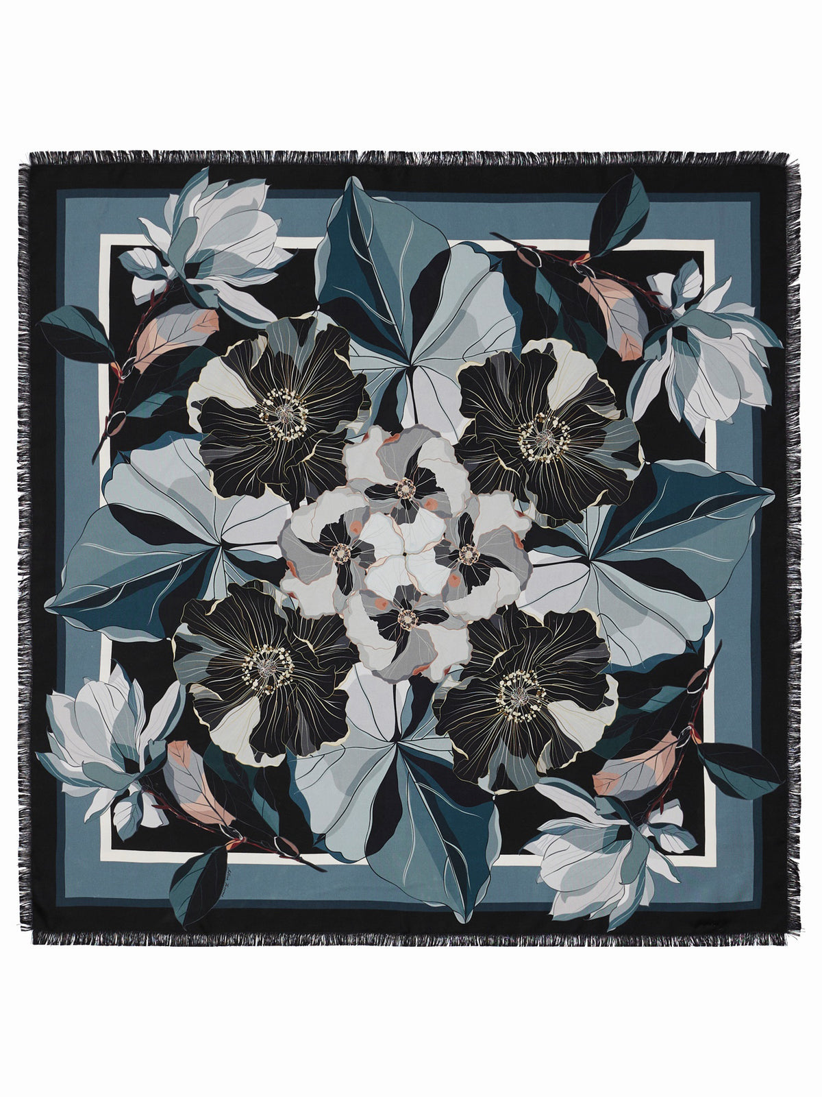 The FRANCO FERRARI - ALOE SILK SCARF 90X90 features a triangular pattern in black, blue, white, and grey with frayed edges. It can be wrapped circularly and tied loosely for a chic look.