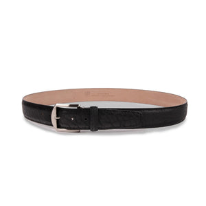 The LEN LIFESTYLE L.E.N. LIFESTYLES American Bison Belt in black, handcrafted in the USA, features a textured genuine leather design, metal buckle, and visible stitching, shown coiled neatly against a white background.