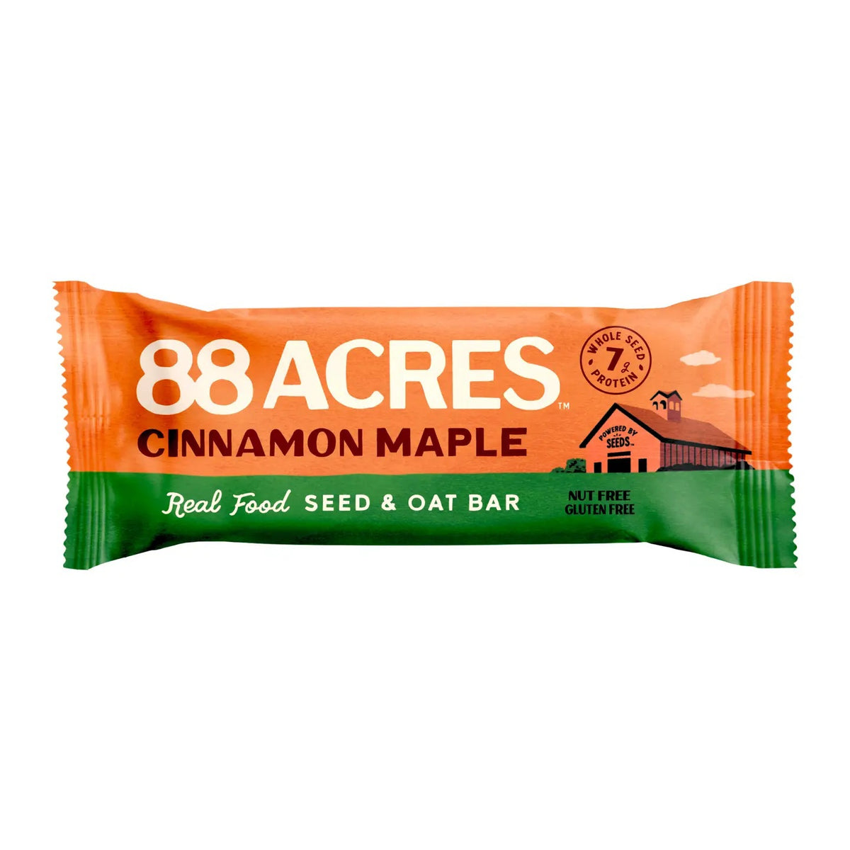 Image of an 88 ACRES Cinnamon Maple Seed + Oat Bar. The packaging is white with an orange section that displays the brand "88 ACRES" and the flavor details. The package showcases the nut-free, vegan, and gluten-free seed bar sprinkled with oats and seeds.