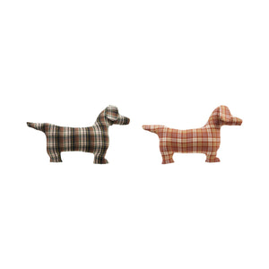 The CREATIVE COOP PLAID DOG-SHAPED PILLOWS, shown here in brown-green and red-orange patterns on a white background, bring cozy farmhouse style to any space.