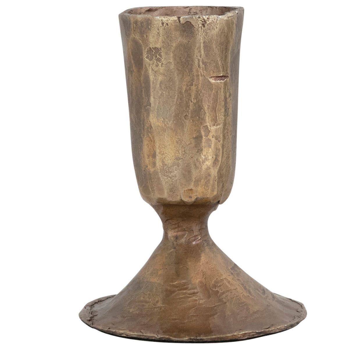 The CREATIVE COOP HAND-FORGED CAST IRON TAPER HOLDERS feature textured surfaces, wide bases, and rustic, handmade appeal in antique brass and silver finishes.