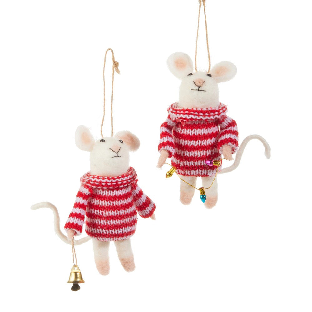 The DRESSED MOUSE ORNAMENT by RAZ IMPORTS features two wool felt mice in red and white striped sweaters—one holding a bell, the other with colorful lights—charming festive decor to hang in your home.