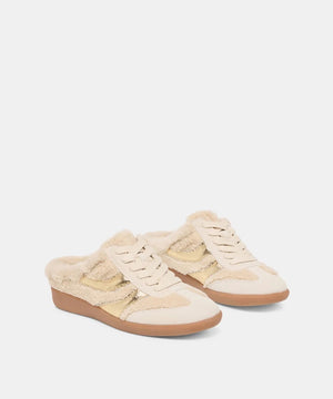 DOLCE VITA - MERIT SLIDE PLUSH SNEAKERS IN NATURAL MULTI: beige lace-up sneakers lined with plush shearling for a cozy finish.