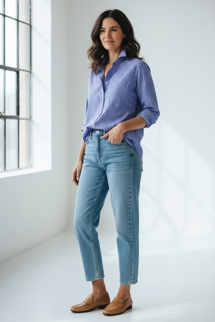 A woman stands in a sunlit room, smiling softly with wavy brown hair and one hand tucked into her pocket near a large window. She wears light blue jeans, tan loafers, and the FRANK & EILEEN EILEEN Relaxed Button Up Shirt in Italian Superluxe Cotton Multi Blue Stripe by FRANK & EILEEN. The shirt’s bust-flattering button placement adds a subtle touch of elegance to her effortlessly chic look.