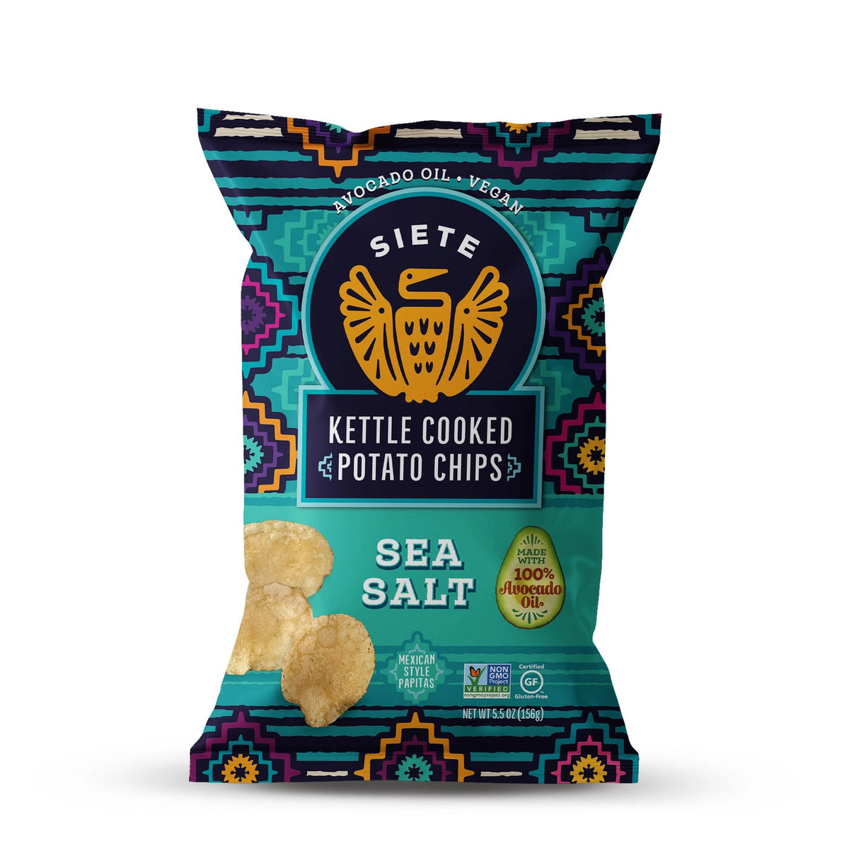 A bag of SIETE - SEA SALT KETTLE CHIPS by SIETE FOODS features a colorful geometric design with an eagle logo at the top. The packaging proudly states that these vegan chips are meticulously cooked in 100% avocado oil for a crisp, delicious bite.