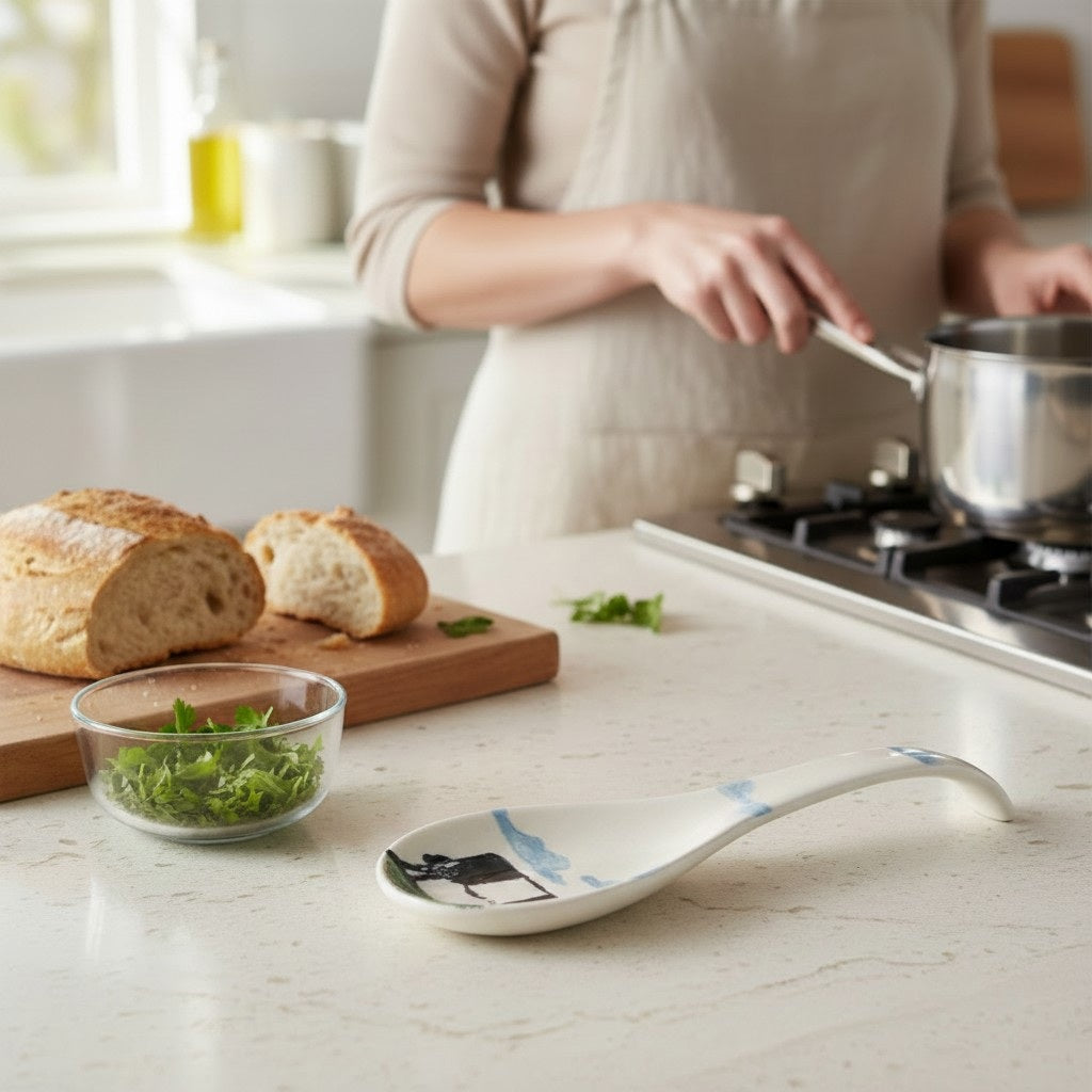 The FEARRINGTON SIGNATURE COLLECTION - BELTIE SPOON REST BY VIETRI features a playful black and white Beltie cow design with a UFO beam—an eye-catching, quirky accent from VIETRI that brings Fearrington Village charm to your kitchen.