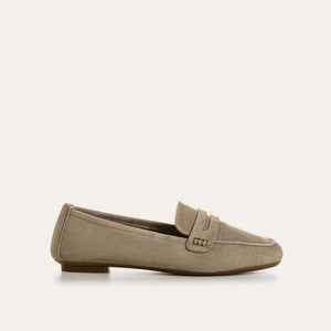The REQINS HEMA suede loafers in Cactus feature a classic penny slot detail, leather insole, and visible toe stitching, shown against a white background.