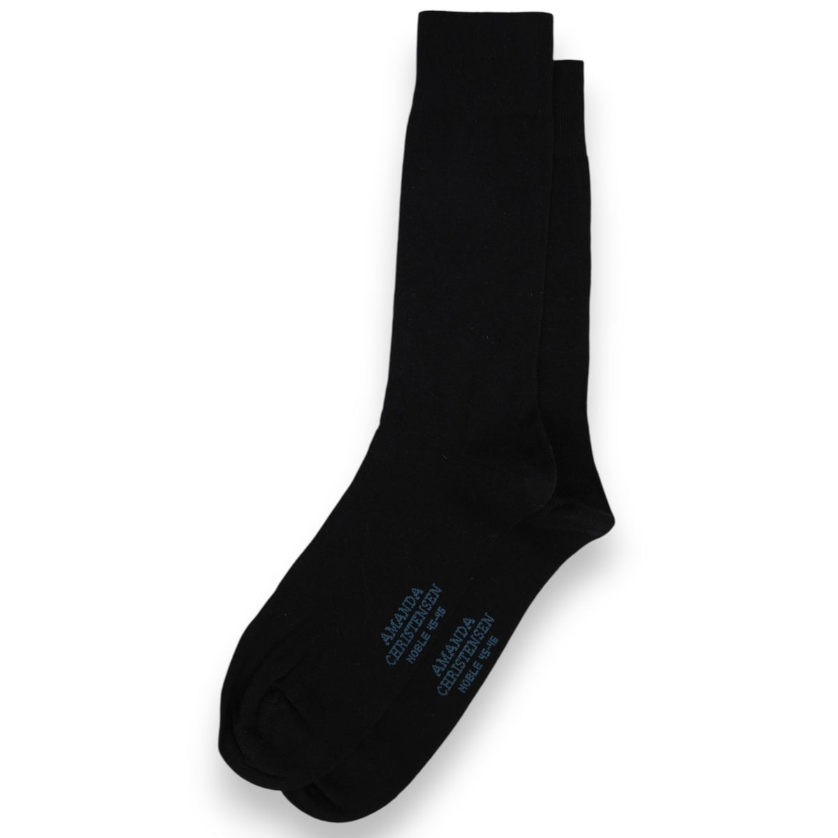 A pair of AMANDA CHRISTENSEN Noble Cotton & Cashmere Blend Mid-Calf Socks in dark navy, finely knit for a luxuriously soft feel, are displayed side by side with subtle blue branding near the toe—a refined touch of luxury from AMANDA CHRISTENSEN.