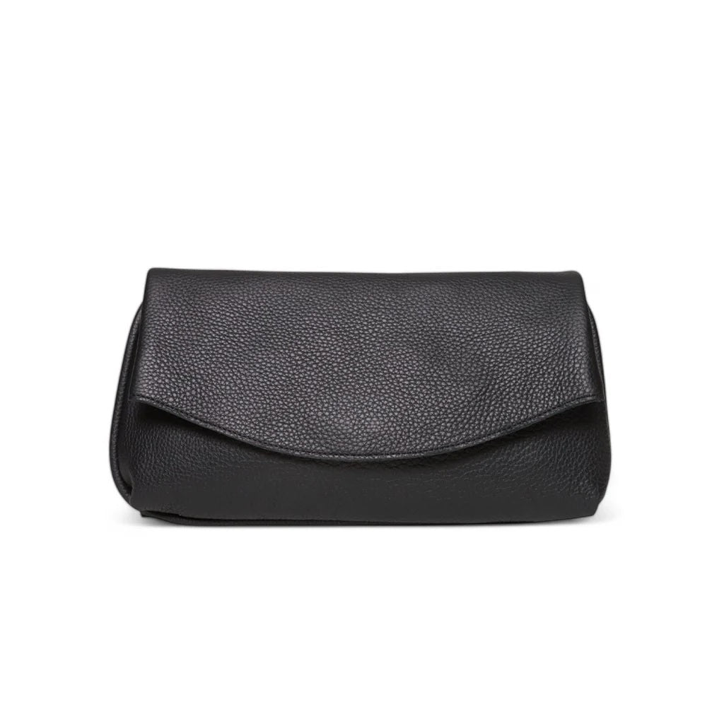 OLIVEVE Valentina Clutch in black Italian buffalo cowhide, a pebbled leather bag with a rounded fold-over flap.
