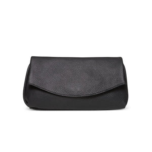 OLIVEVE Valentina Clutch in black Italian buffalo cowhide, a pebbled leather bag with a rounded fold-over flap.