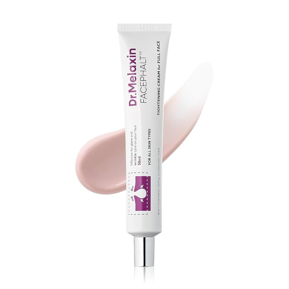 A white tube labeled &quot;DR MELAXIN - FACEPHALT TIGHTENING CREAM&quot; by KOSMIC KBEAUTY SKINCARE stands upright with a light pink cream smear in the background. This Korean tightening cream suits all skin types.