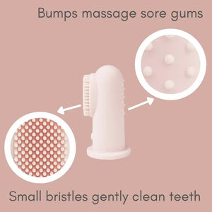 The BABY FINGER TOOTHBRUSH AND TONGUE CLEANER SET by ALI + OLI is a lovely light pink silicone set that includes an elongated toothbrush featuring a heart design on the handle and two baby finger brushes with soft bristles: one with bristles on one side and the other with bristles on both sides, ideal for encouraging early oral hygiene habits.