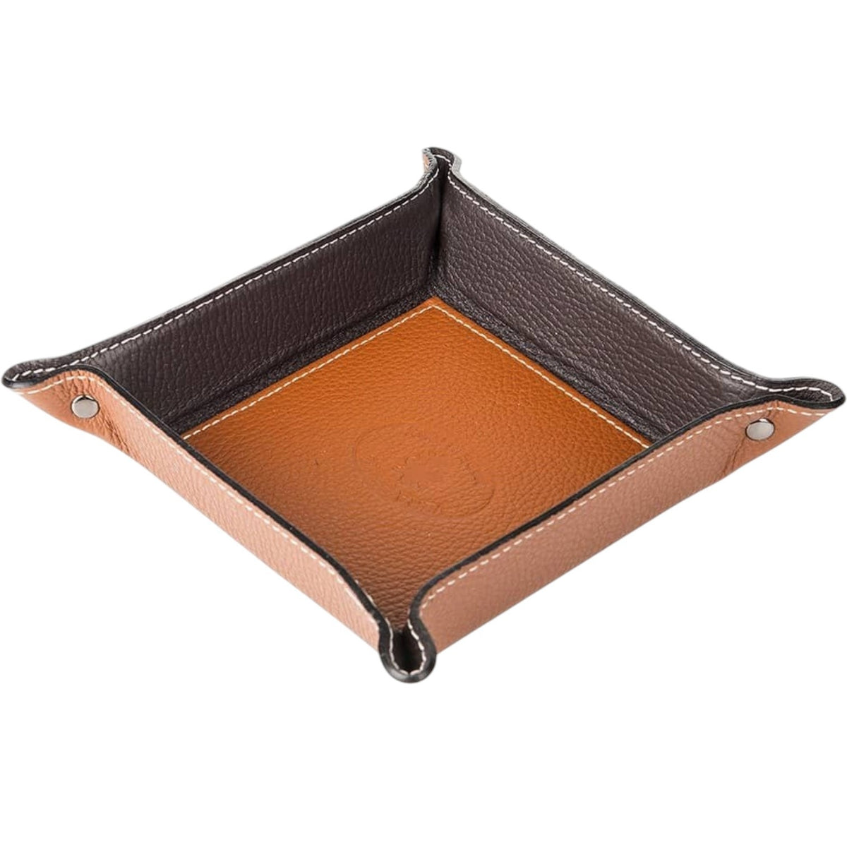 LE BORSETTE - SQUARE HAMMERED LEATHER VALET TRAY IN SADDLE, a square leather tray with a light brown interior, dark brown exterior, and silver snap buttons at the corners.