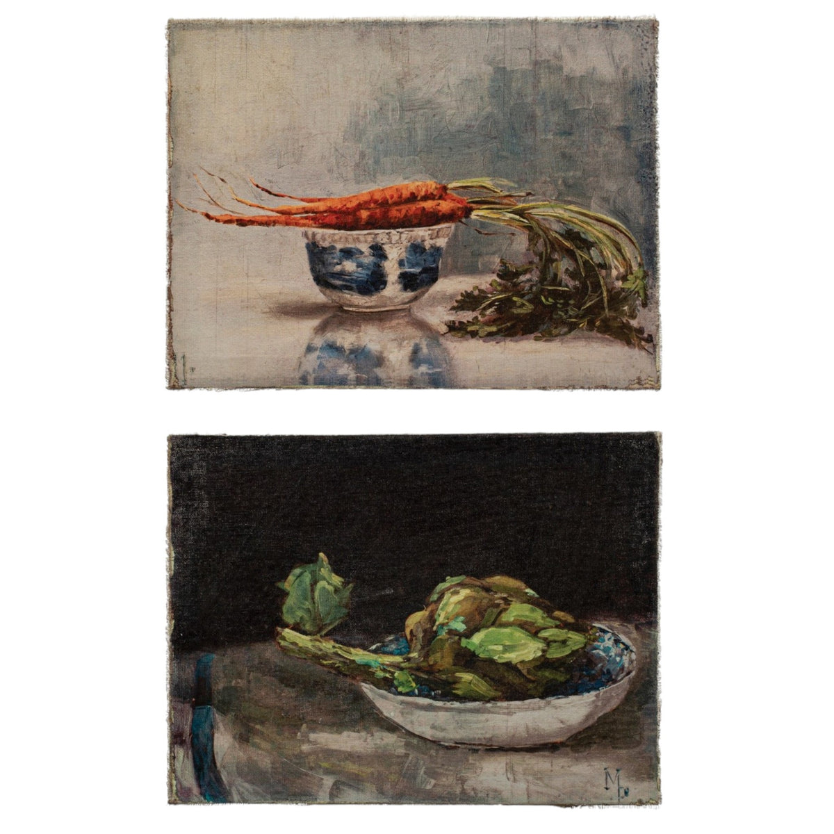 VEGETABLE STILL LIFE ON CANVAS by CREATIVE COOP features three carrots with leafy tops in a white and blue ceramic bowl on a light surface—ideal rustic kitchen artwork or charming farmhouse wall décor.
