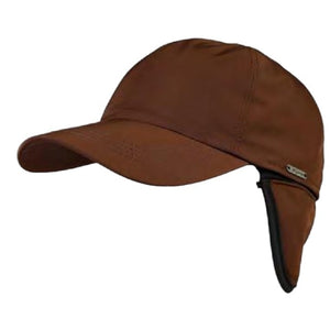 Introducing the WIGENS - CLASSIC SPORT TWILL BASEBALL CAP IN BROWN by WIGENS, designed with an extended ear flap on one side for added warmth and style. Crafted from durable sport twill for comfort, this cap features a black interior on the ear flap and is accented by a small metallic logo above the flap, showcasing refined European design.