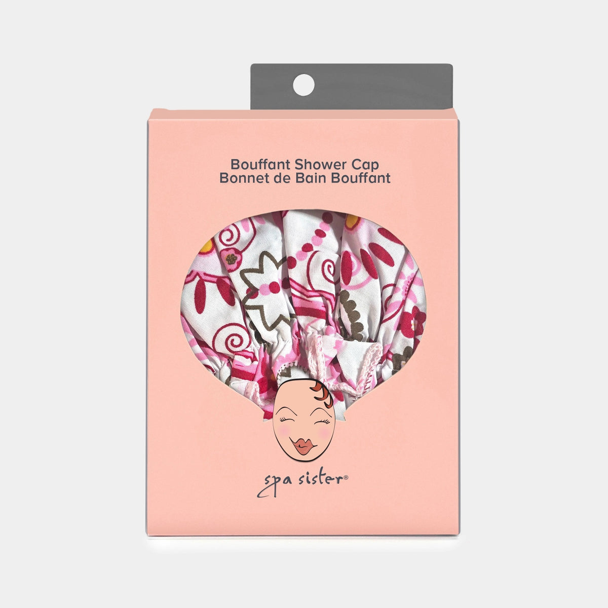 The BATH ACCESSORIES COMPANY BOUFFANT SHOWER CAP - BELLEZA features an elastic band and a pink, brown, and red floral pattern on a white background.