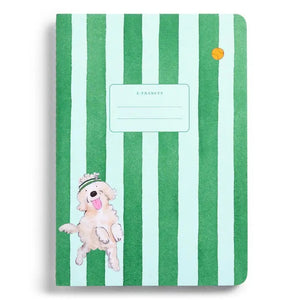 The E. FRANCES - STITCHED NOTEBOOKS OFF LEASH, SET OF 2 by E. FRANCES PAPER features one notebook with green stripes and a dog illustration, and another adorned with playful pups—perfect for pet lovers’ stationery needs.