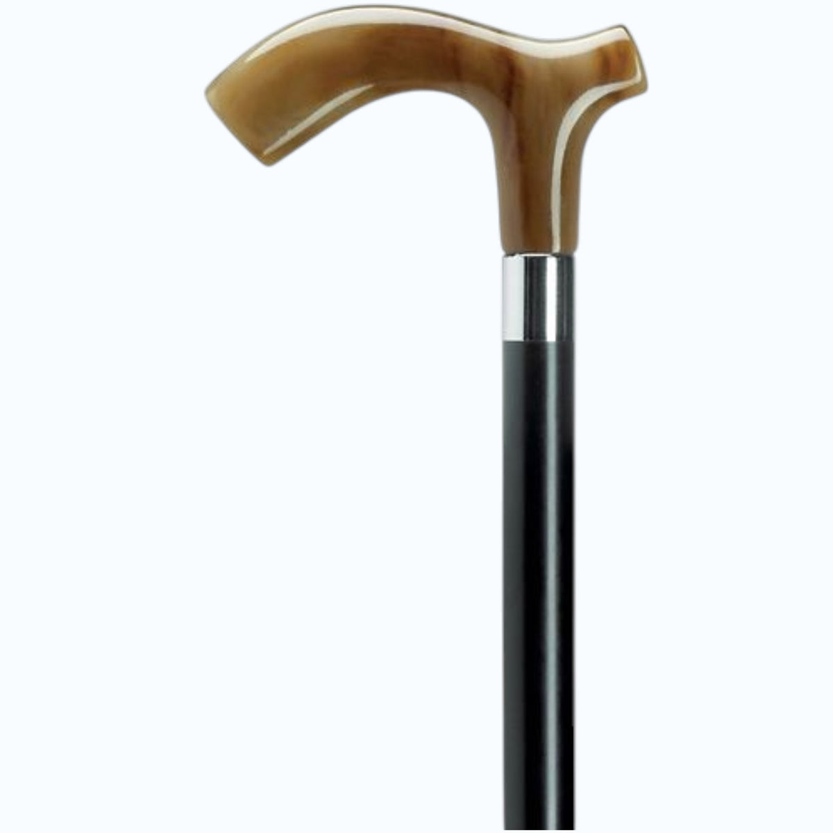 The HARVY CANES Decorative European Fritz Handle Cane, Horn Finish, by HARVY CANES features an ergonomic handle, silver metal collar, and black lacquered hardwood shaft, displayed against a plain light background.