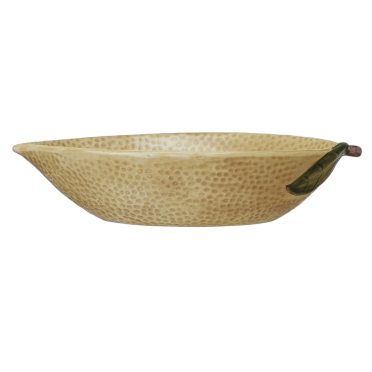 The CREATIVE COOP HAND-PAINTED STONEWARE LEMON SHAPED BOWL, LARGE features a yellow, dimpled surface with brown and green accents—perfect citrus-themed kitchen decor for a fresh touch.